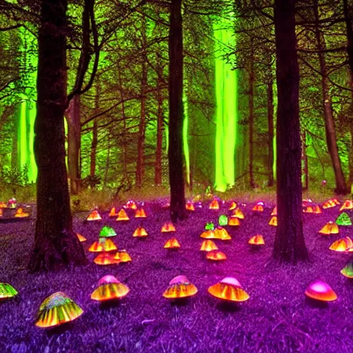 Prompt: glowing green jello mushrooms in a mystical forest, firefly trails