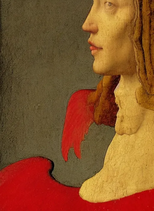 Image similar to profile of a fallen angel dressed in red with wings by Jan van Eyck, Hieronymus Bosch, Johannes Vermeer 4k post-processing, highly detailed medieval painting