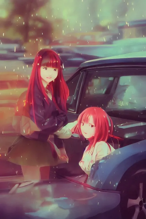 Image similar to art by D. Jun, by Mo Xiang Tong Xiu, 3d Infrared photo cute girls in Japanese maid's clothes and smoking inside a JDM car in the rain at sunrise in a parking lot, anime vintage colors, polaroid, foggy, volumetric light, cinematic render, rending on artstation, oil painting