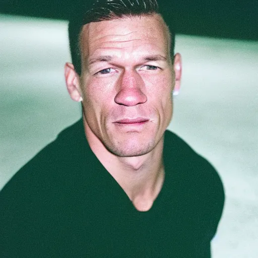 Prompt: A close-up of John face, captured in low light with a soft focus. There is a gentle green hue to the image, and the John cena’s features are lightly blurred. Cinestill 800t