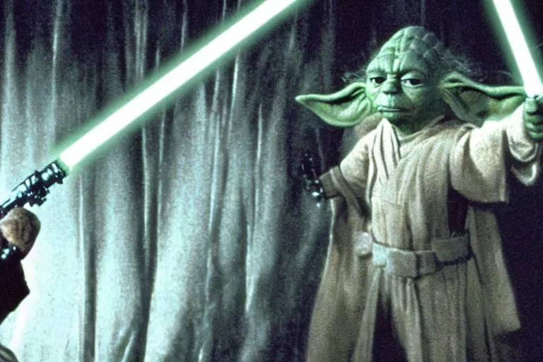 Image similar to scene from star wars 1977, david bowie as yoda cuts darth vader in half with a lightsaber, amazing cinematography, by phil hale, 8k, remastered, high resolution, 2.35:1 ratio