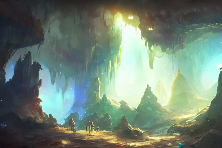 Prompt: glowing crystal cave, fantasy art in the style of Jordan Grimmer, HD wallpaper, concept art, trending on art station
