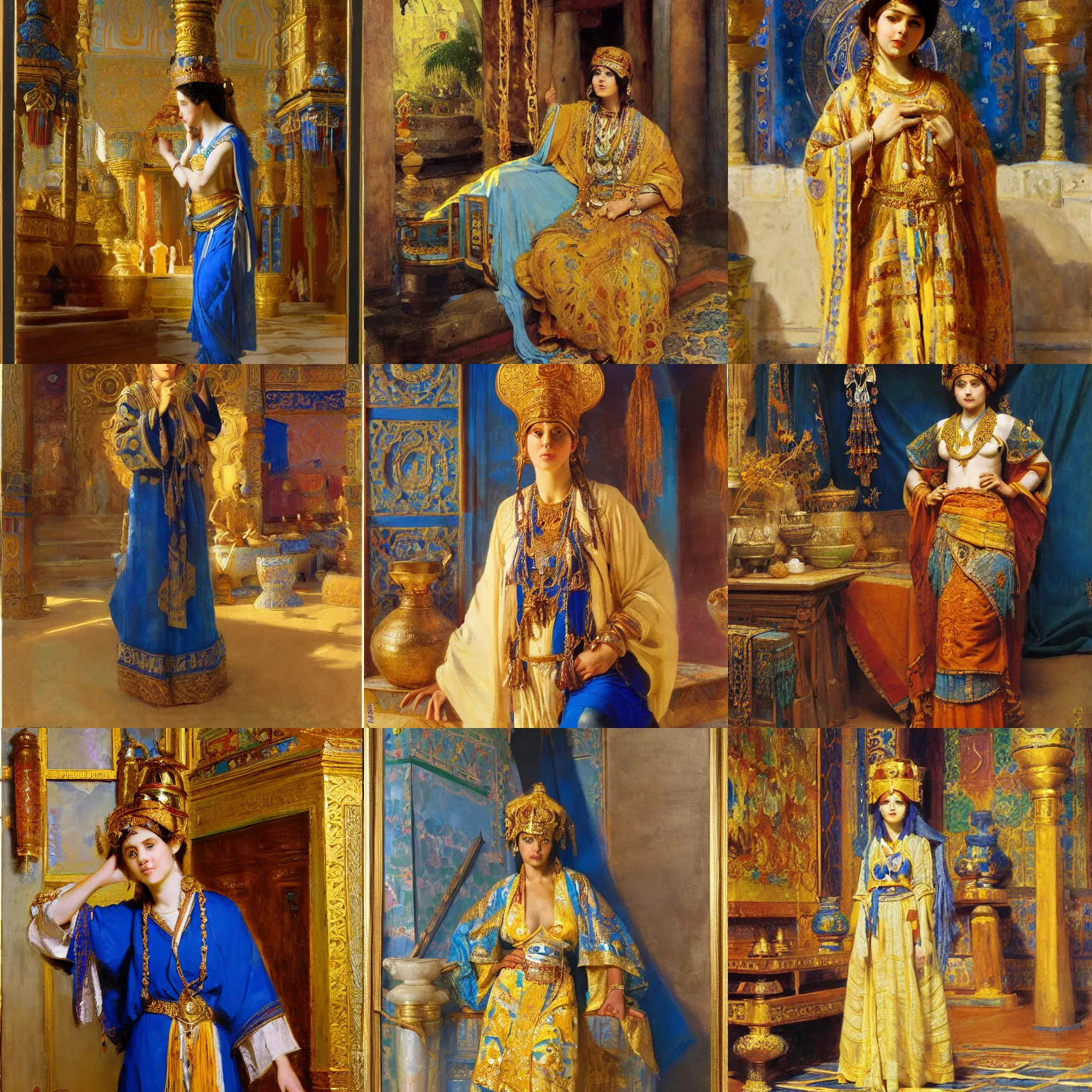 Prompt: orientalism cute priestess wearing a blue tunic and gold bangles standing in a richly decorated temple by theodore ralli and nasreddine dinet and anders zorn and nikolay makovsky and edwin longsden long, oil on canvas, masterful intricate artwork, excellent lighting, high detail 8 k