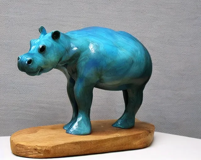 Image similar to small hippopotamus sculpture on a desk with bottom part and legs made out of wood and back and top part out of blue epoxy resin, side view centered