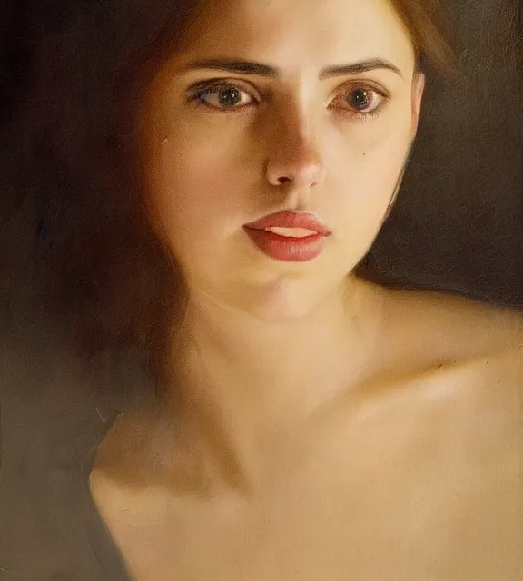 Prompt: a portrait oil painting of a very young woman resembling a shy scarlett johansson and ana de armas and alicia vikander, her face lit from below by a candle, detailed, beautiful, shadowy, with lovely curves, by rembrandt