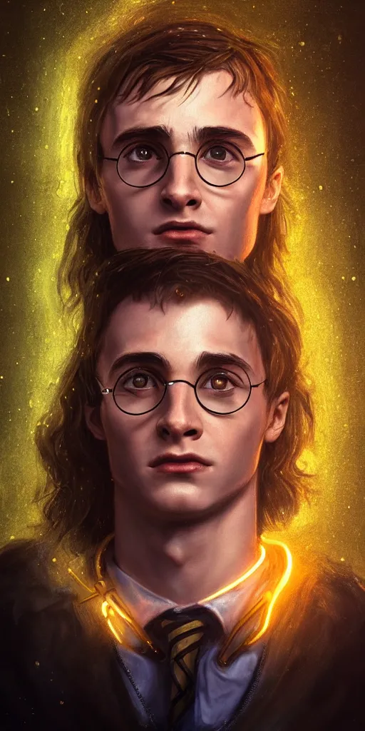 Prompt: Portrait of a harry potter with cyberpunk implant, elegant, photorealistic, highly detailed, artstation, smooth, sharp focus, gold ornaments, neon lighting, sci-fi, art by Klimt