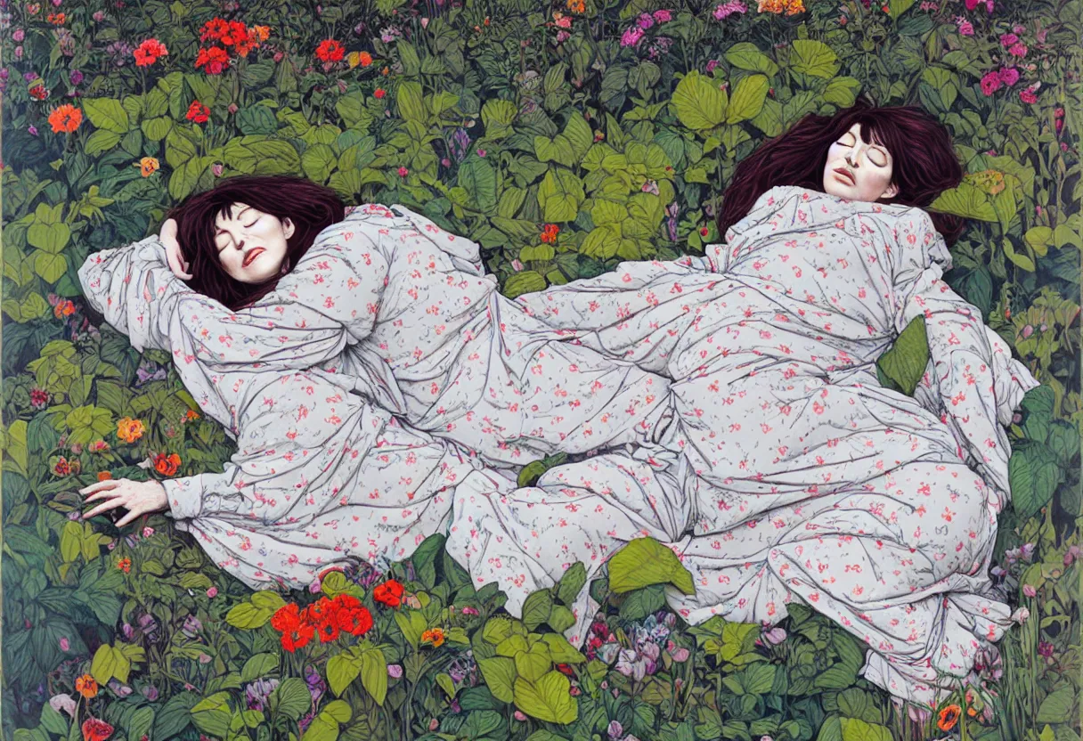 Image similar to portrait of kate bush sleeping in a garden by james jean