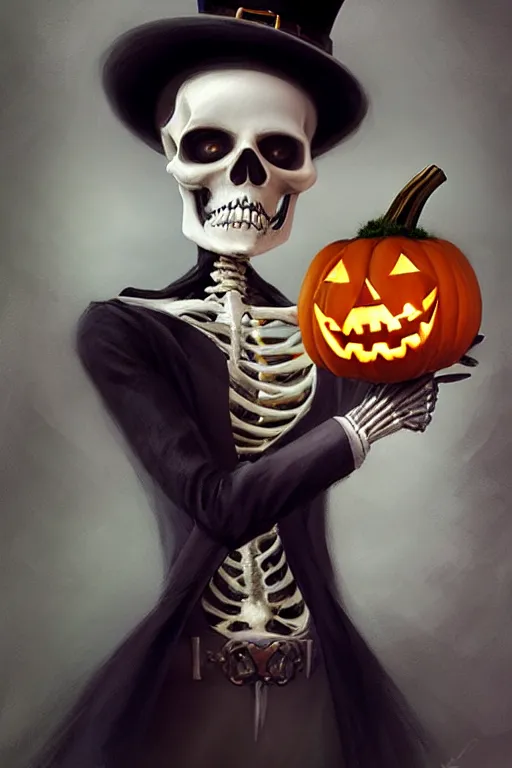 Image similar to portrait of a skeleton with a top hat holding a jack - o - lantern, halloween night, charlie bowater, artgerm, ilya kuvshinov, krenz cushart, ruan jia, realism, ultra detailed, 8 k resolution