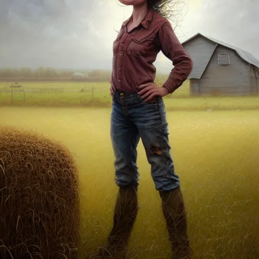 Image similar to full body portrait of a female farmer, untidy hair, highly detailed, dirty face, next to a red barn, digital painting, artstation, concept art, soft focus, depth of field, artgerm, tomasz alen kopera, peter mohrbacher, donato giancola, joseph christian leyendecker, wlop, boris vallejo