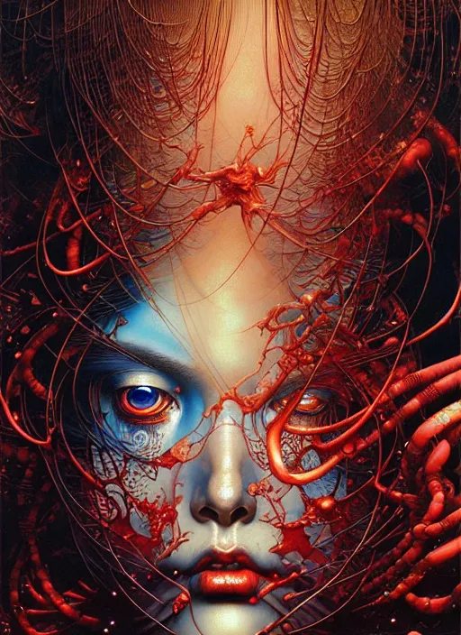 Prompt: detailed image of artist vs ai by Ayami Kojima, Amano, Karol Bak, Greg Hildebrandt, and Mark Brooks, rich deep colors. Beksinski painting, part by Adrian Ghenie and Gerhard Richter. art by Takato Yamamoto. masterpiece . intricate artwork by Tooth Wu and wlop and beeple, greg rutkowski, very coherent symmetrical artwork, cinematic, hyper realism, high detail, octane render, unreal engine, 8k, Vibrant colors, Smooth gradients, High contrast, depth of field. by Katsuhiro Otomo, full body character drawing, inspired by Evangeleon, clean ink detailed line drawing, intricate detail, extremely detailed. painting by Arthur Rackham, Eugene de Blaas, Frederic Leighton