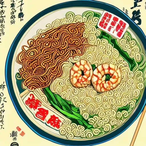 Image similar to illustration of noodles bowl with shrimps on makisu in traditional japan style, by makoto shinkai and takashi takeuchi