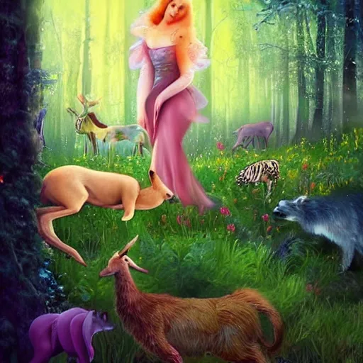 Prompt: A beautiful experimental art of Princess Aurora singing in the woods while surrounded by animals. She looks so peaceful and content in the company of the animals, and the colors are simply gorgeous. colorful lighting by Jeannette Guichard-Bunel harrowing
