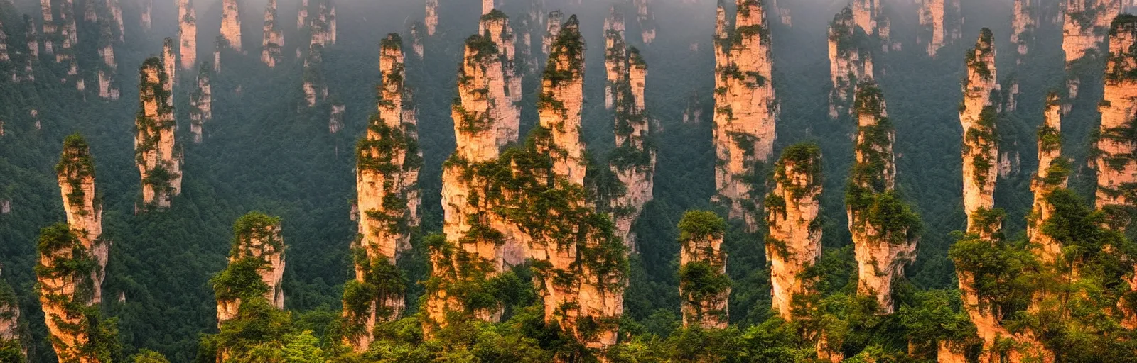 Prompt: A beautiful landscape photography of Zhangjiajie mountains, an intricate tree in the foreground, sunset, dramatic lighting by Anselm Adams and Albrecht Durer, chiaroscuro, shadow and light,