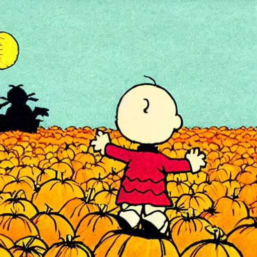 Image similar to the great pumpkin monster appears in a field and chases charlie brown and linus, dark, brooding, illustrated, award - winning, sinister,