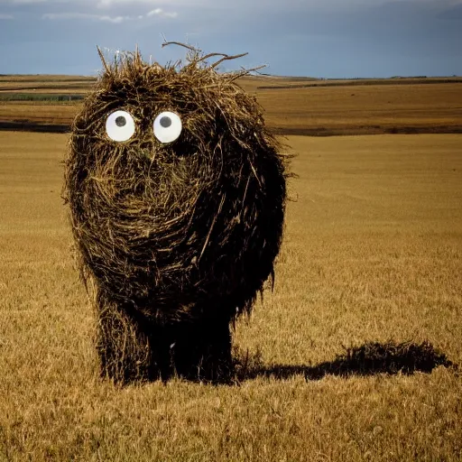 Prompt: a hay monster in a field looking ominously at the camera