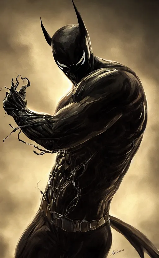 Image similar to venom as batman, dynamic lighting, photorealistic fantasy concept art, trending on art station, stunning visuals, terrifying, creative, cinematic