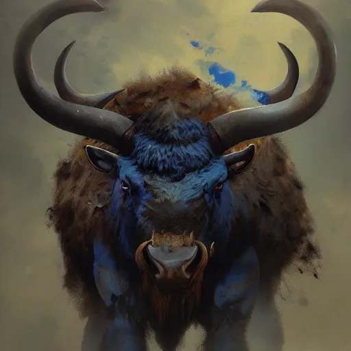 Image similar to angry blue bison portrait by greg rutkowski and frank frazetta, dark fantasy, blue, artstation