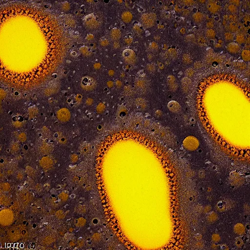 Image similar to a yellow and brown bacterial mat at a yellowstone hotspring, macro photography, extremely detailed, small features, bumps, craters, follicles, high contrast, bright yellow, dull brown