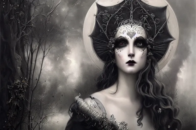 Prompt: By Tom Bagshaw, ultra realist soft painting of curiosities carnival by night, very beautiful horn single female gothic wearing corset closed eyes, symmetry accurate features, very intricate details, omnious sky, black and white, volumetric light clouds