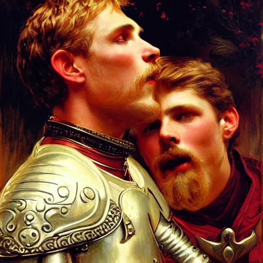 Image similar to attractive fully clothed arthur pendragon confesses his love for his attractive fully clothed male knight. highly detailed painting by gaston bussiere and j. c. leyendecker 8 k