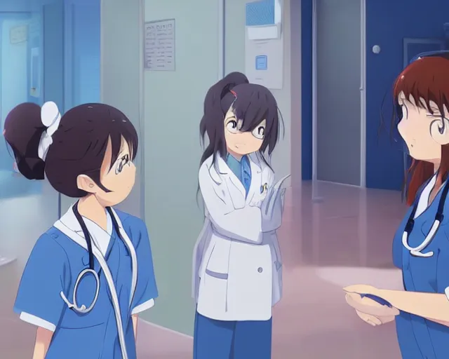 Image similar to a cute young female doctor wearing white coat are talking to a little girl with a blue shirt in a hospital, slice of life anime, vivid, anime scenery by Makoto shinkai