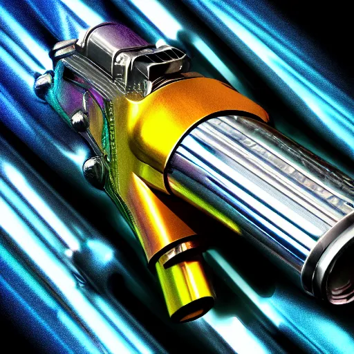 Image similar to unstable exotic matter powered sci - fi ray - gun concept, well defined mechanical features, triadic chrome shading, iridescent liquid energy tank, dark background, softglow, sharp focus, full device, vintage style, charcoal and champagne