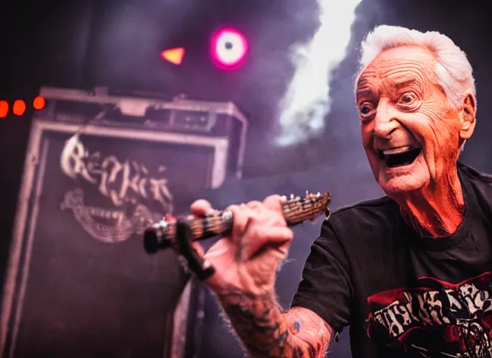 Image similar to publicity photo still of bob barker in a death metal band playing live on stage, 8 k, live concert lighting, mid shot