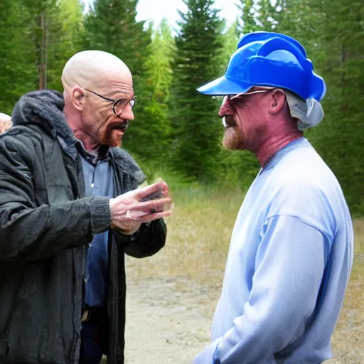 Prompt: walter white talking to a blue jay