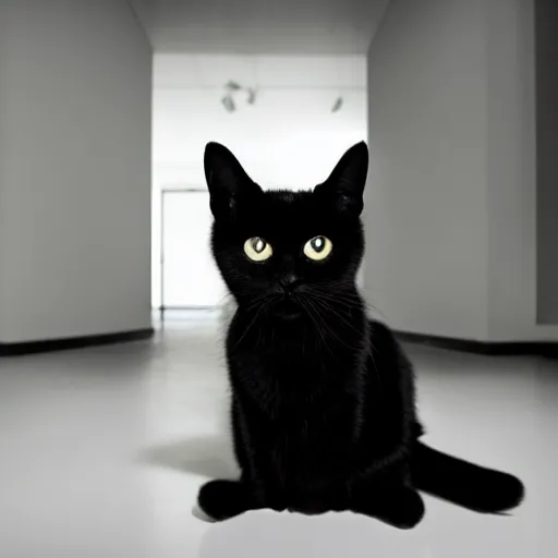 Image similar to national geographic photograph of a black cat sitting in a white room