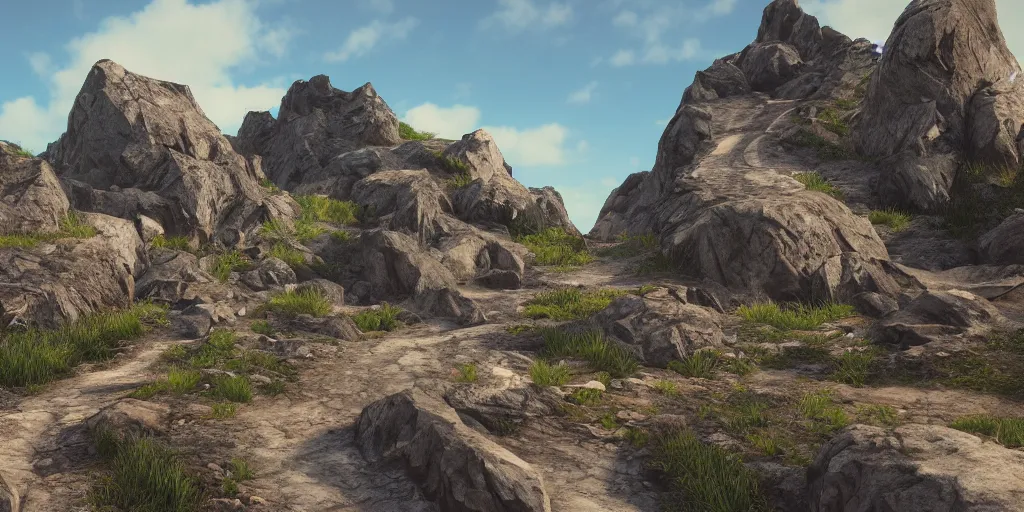 Image similar to pathway on both sides of the mountains, rocks unreal engine render