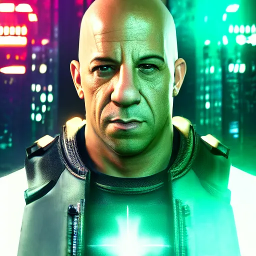 Image similar to vin diesel portrait, cyberpunk 2 0 7 7, cyberpunk jackie welles, photorealistic, ultra detailed, neon, octane, bokeh, cinematic lighting, cyber, cyberpunk city, studio quality, feature, scars, cyberface, 8 k