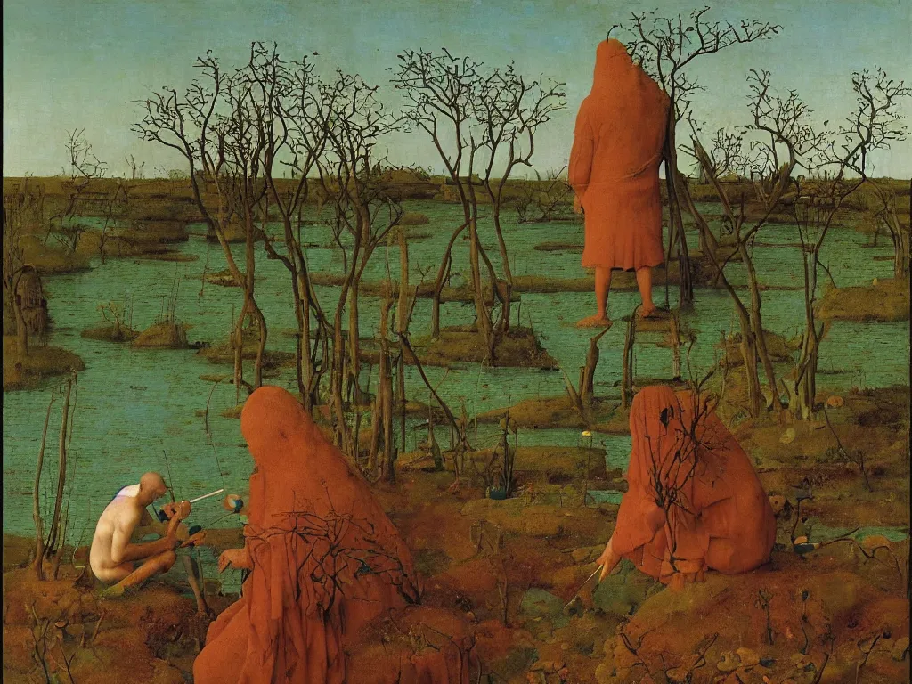 Prompt: Portrait of a painter painting on his easel knee deep in a river. Humanoid rocks, coral-like pebbles, orchard in bloom. Painting by Jan van Eyck, Roger Dean, Beksinski, Piero della Francesca