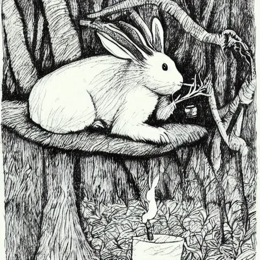 Image similar to a pen and ink drawing of a white rabbit smoking a cigarette while reclining in a deep dark tangled forest, a lingering smoke cloud, childrens book illustration, by edward gorey, by gustav dore