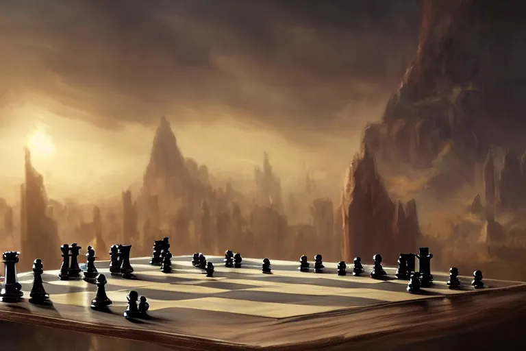 Image similar to a chess board where the pieces are lost souls, matte painting, long shot, concept art, wide shot, digital art, trending on artstation, 4 k, extremely detailed, realistic, midday, warm colors, golden sunlight, by greg rutkowski, cinematic, epic