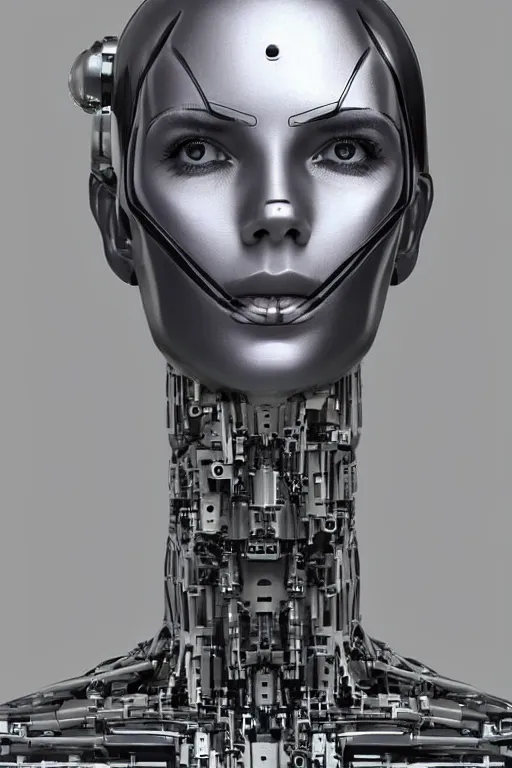 Image similar to robot with human face, female head, woman human face, human face realistic, human head, cyborg frame concept, cyborg by ales-kotnik, sci-fi android female