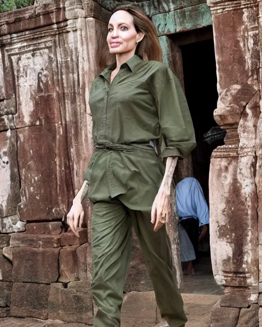 Image similar to angelina jolie visits an ancient temple in cambodia, she is wearing a green long sleeved shirt and cargo pants, photographed in the style of national geographic