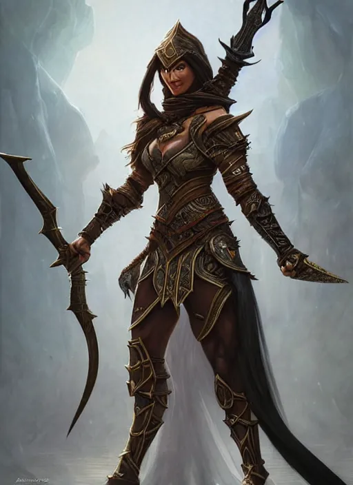 Prompt: portrait of an athletic arabian woman warrior as a diablo 3 character, looking at camera, D&D, sword master, long black hair, intricate, elegant, stylish, cute smile, fantasy, extremely detailed, digital painting, artstation, concept art, smooth, sharp focus, illustration, ambient lighting, art by artgerm and greg rutkowski and alphonse mucha and simon stalenhag