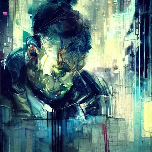 Image similar to portrait of a cyberpunk in a dark future noir city by jeremy mann, francis bacon and agnes cecile, ink drips, paint smears, digital glitches glitchart c - 1 0