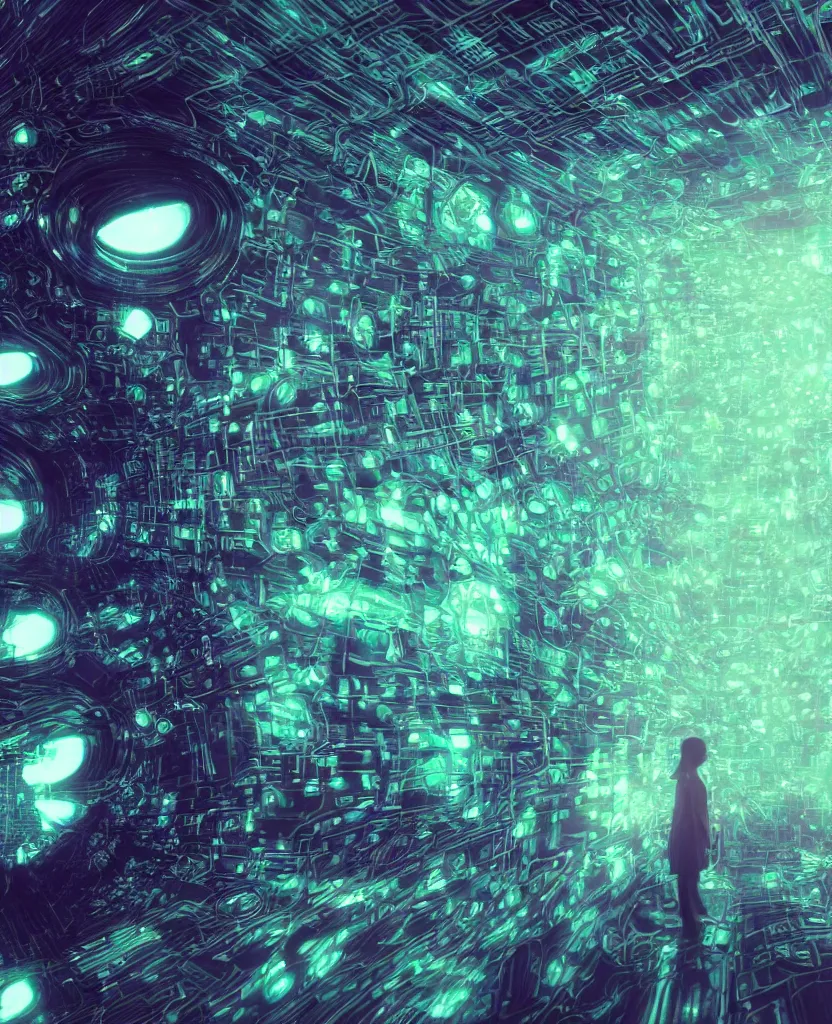 Image similar to trapped in my conscious, sky falling, look me inside of my eyes, computer code, matrix background, transparent holographic being, holographic, bioluminiscent creatures, intricate artwork by beeple. octane render, trending on artstation, greg rutkowski very coherent symmetrical artwork. cinematic, hyper realism, high detail, octane render, 8 k