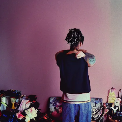 Image similar to kodak portra 4 0 0 photograph of a skinny goth guy standing in a cluttered bedroom, back view, flower crown, moody lighting, telephoto, 9 0 s vibe, blurry background, vaporwave colors, faded!,