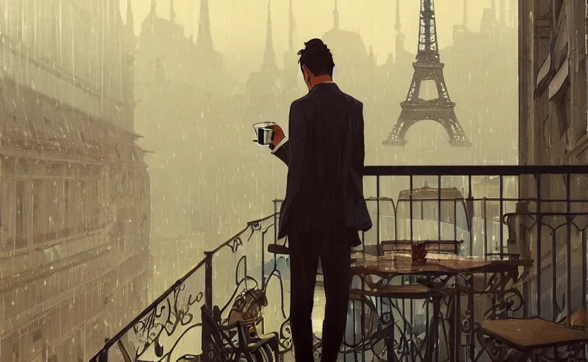 Image similar to elegant man drinking coffee at balcony in france, city with eiffel tower seen behind, late night raining, detailed characters, by greg rutkowski, alphonse mucha, beeple, sharp focus, digital art, smooth, light refraction, pixiv art, volumetric lighting, makoto shinkai