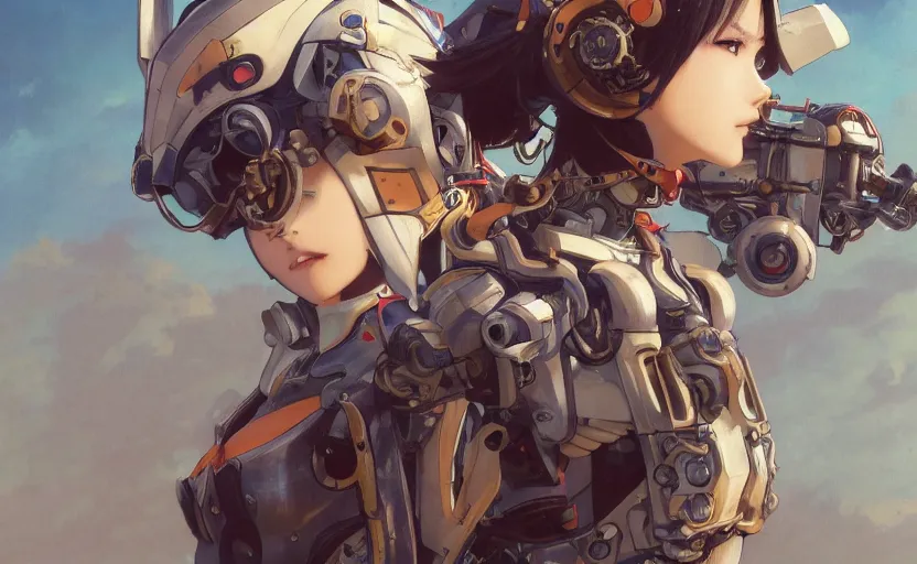 Prompt: mechanized valkyrie, anime style, konami mecha musume, vintage clothing, spread wings, short hair, hair down, symmetrical facial features, from arknights, hyper realistic, 4 k, rule of thirds, extreme detail, detailed drawing, trending artstation, hd, d & d, realistic lighting, by alphonse mucha, greg rutkowski