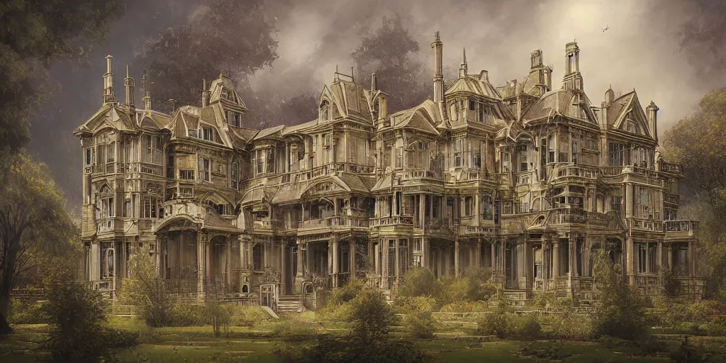 Image similar to a geometrically accurate painting of a late Victorian mansion designed by Joseph Paxton, illustration by Peter Mohrbacher and Peter Gric