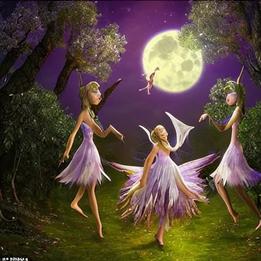 Image similar to The most artistic picture 3-D digital art fairies dancing in the woods by a full moon, surreal, award winning, highly detailed