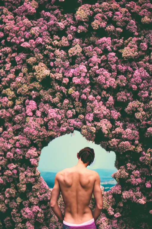 Image similar to kodak portra 4 0 0 photograph of a skinny guy looking into a otherworldly portal, flower crown, back view, vaporwave colors, grain, moody lighting, moody aesthetic,