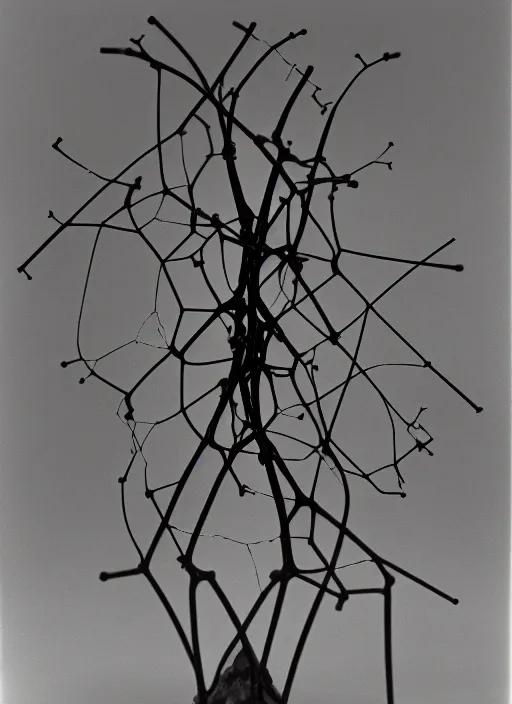 Prompt: realistic photo of a scientific model of an ugly rough complex molecule made of black clay with wooden branches, front view, x - ray, greyscale 1 9 9 0, life magazine reportage photo, metropolitan museum photo