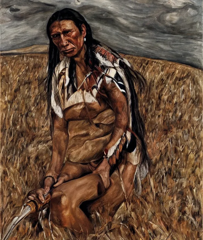 Image similar to indigenous woman hunting, painted by lucian freud, hd, super detailed, realistic, muted colors