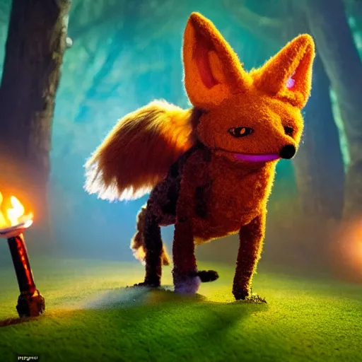 Image similar to a large druid fox muppet wearing a cloak holding a lit torch and herding a bunch of random muppet animals following behind through a dark foreboding misty blue forest at night, sesame street, photograph, photography, ultrarealistic, national geographic