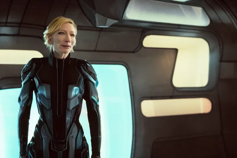 Image similar to cate blanchett on the bridge of a starship, cyberpunk, movie still