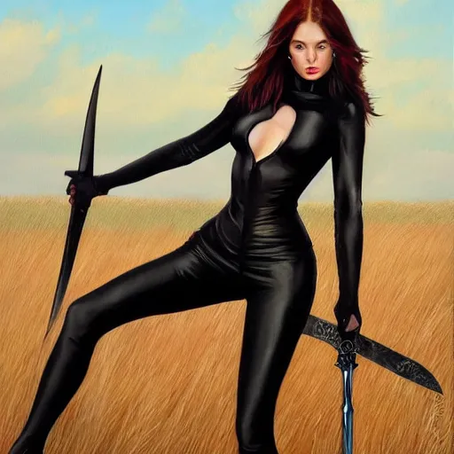 Image similar to a painting of woman wearing black skintight clothes holding a sword standing in a field, painting by mark brooks, trending on artstation, artstationHD, artsationHQ